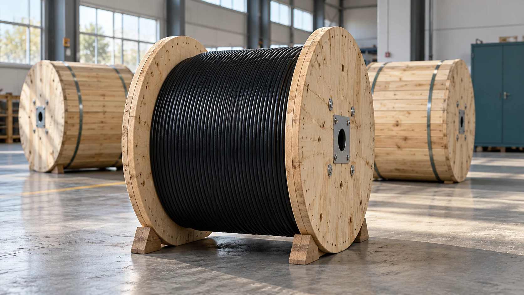 Bobinas de madera con cable de fibra óptica negro en una zona de preparación de pedidos.