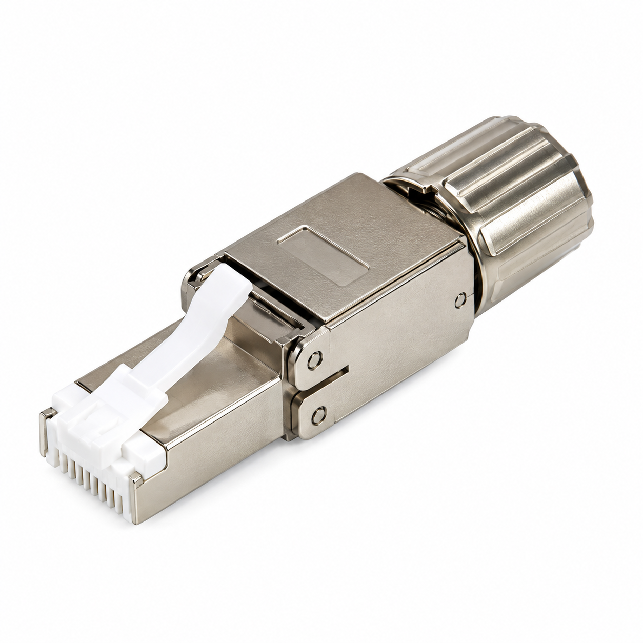 Conector RJ45 CAT6A blindado sin herramientas FAB-CN-STP-C6A, acabado metalico, fondo blanco