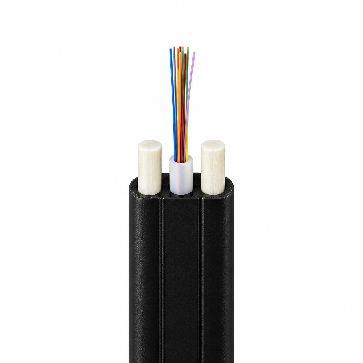 Cable de fibra optica plano dielectrico FAB-GYFXBY-2 a 12 fibras, corte transversal y tubo central