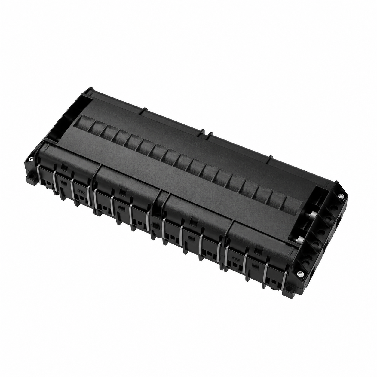 FAB-OFC-6818-DR inline fiber optic splice closure, black enclosure on white background