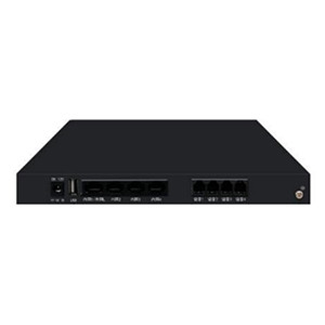Fibramerica four-port FXS VoIP gateway with a black metal enclosure, Ethernet ports and analog telephone connections