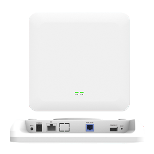 Front and connection views of the Fibramerica FTTO ceiling gateway, showing its optical interface and single Gigabit Ethernet port