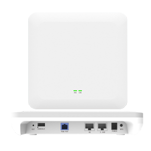 Front and connection views of the Fibramerica FTTO desktop secondary gateway, showing the optical interface and GE and 2.5GE Ethernet ports