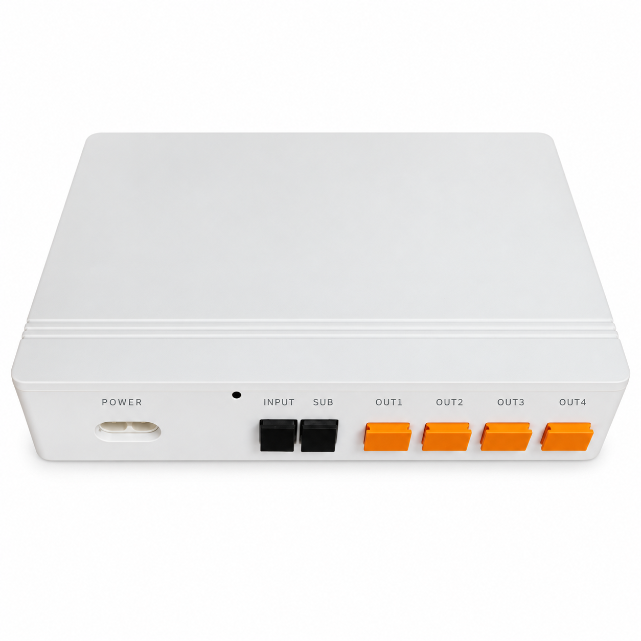 Fibramerica FTTO powered optical splitter with an input port, cascade connection, four terminal outputs and a separate power inlet