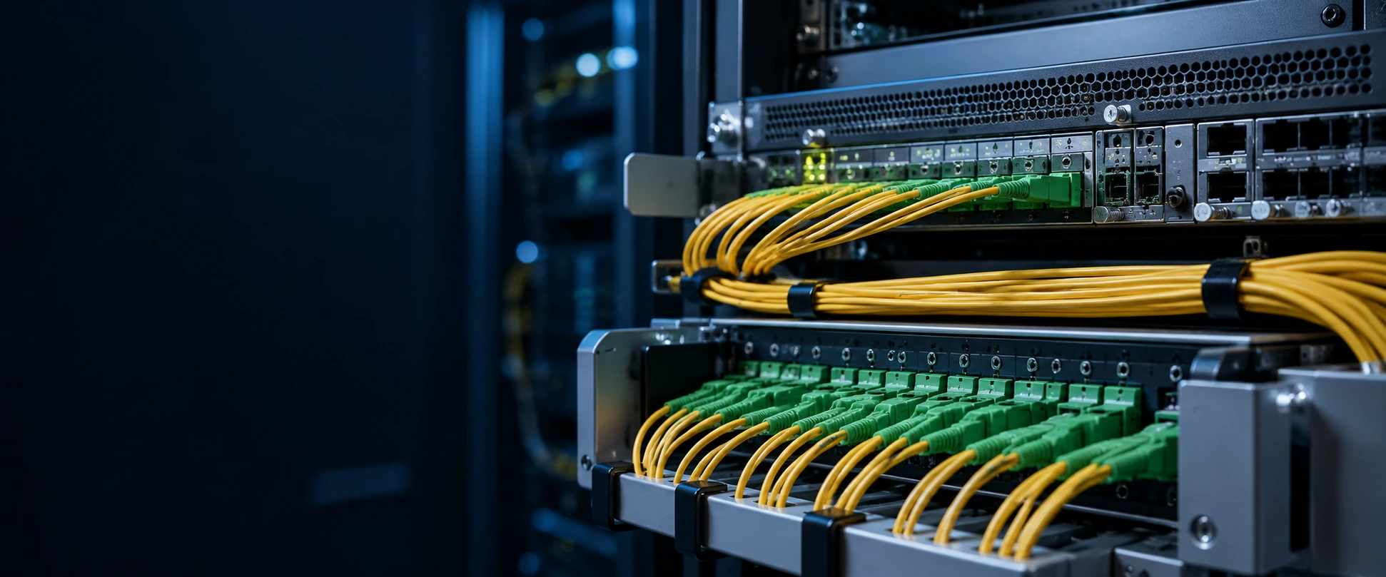 Ilustración de infraestructura FTTH con equipos de acceso óptico y conexiones de fibra para un artículo sobre migración de GPON a XGS-PON.